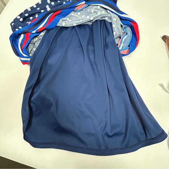 2 for$15 Liz Claiborne Navy and White Polka Dot Midi Dress with Red Stripes - Picture 5 of 9